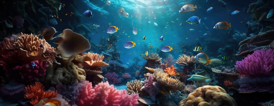 Tropical sea underwater fishes on coral reef. Aquarium oceanarium wildlife colorful marine panorama landscape nature snorkel diving. AI Generative