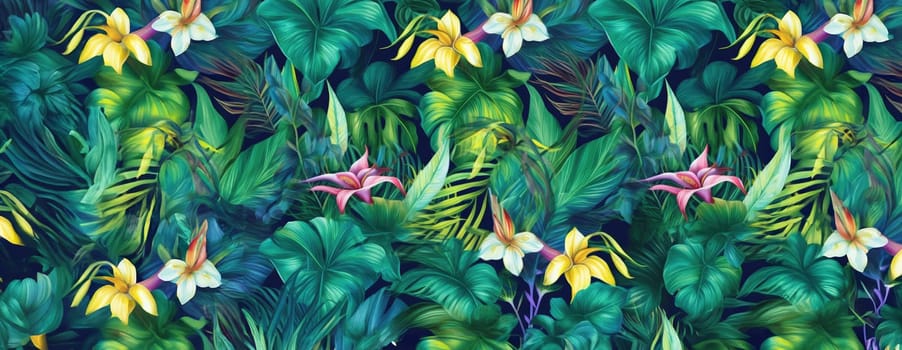 Tropical exotic pattern with animal and flowers in bright colors and lush vegetation. Ai Generative