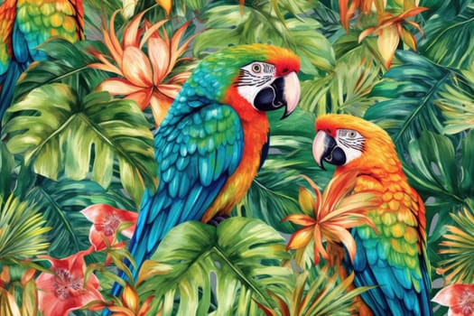 Tropical exotic pattern with animal and flowers in bright colors and lush vegetation. Ai Generative