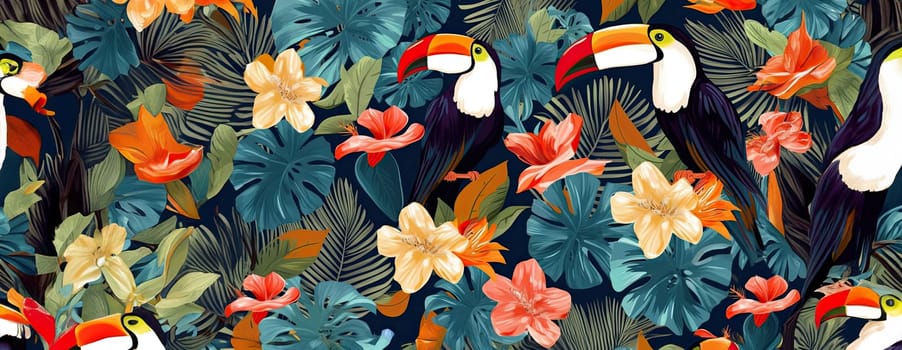 Tropical exotic pattern with animal and flowers in bright colors and lush vegetation. Ai Generative