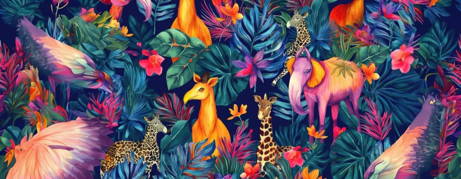 Tropical exotic pattern with animal and flowers in bright colors and lush vegetation. Ai Generative