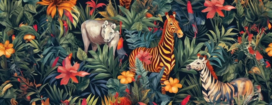 Tropical exotic pattern with animal and flowers in bright colors and lush vegetation. Ai Generative