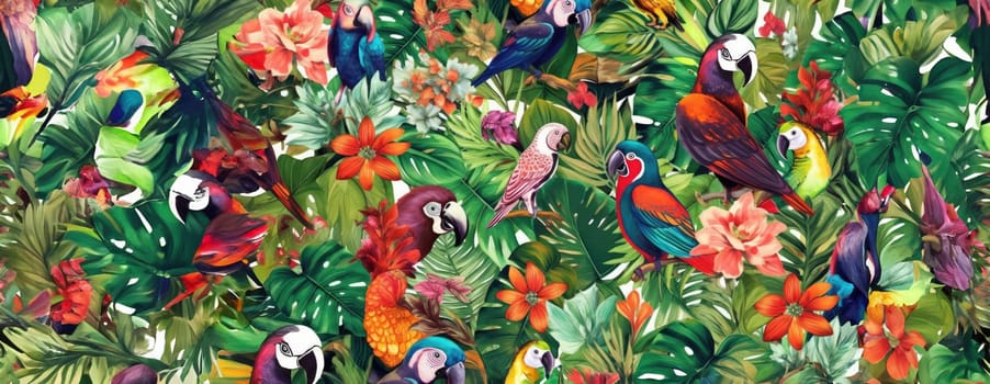 Tropical exotic pattern with animal and flowers in bright colors and lush vegetation. Ai Generative