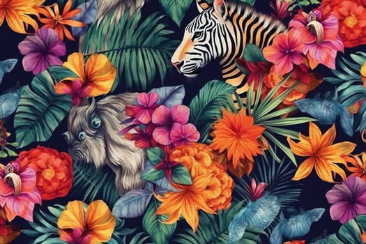 Tropical exotic pattern with animal and flowers in bright colors and lush vegetation. Ai Generative