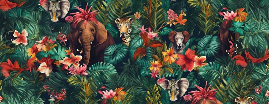 Tropical exotic pattern with animal and flowers in bright colors and lush vegetation. Ai Generative