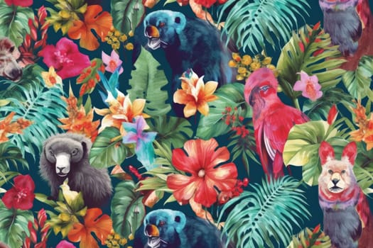 Tropical exotic pattern with animal and flowers in bright colors and lush vegetation. Ai Generative