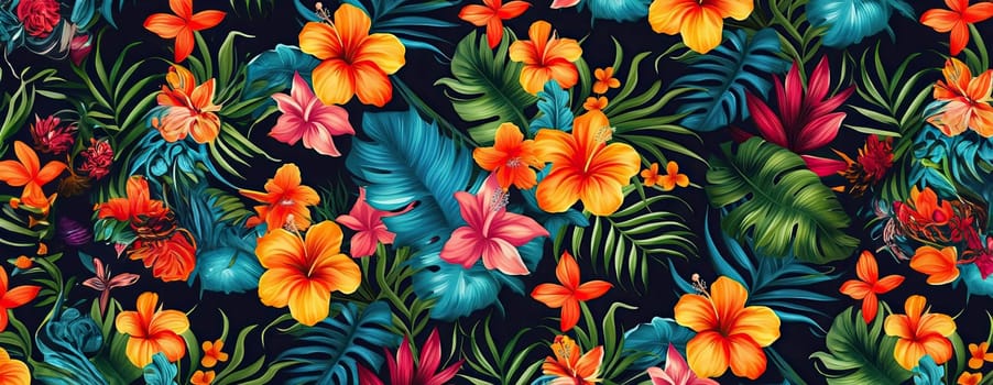 Tropical exotic pattern with animal and flowers in bright colors and lush vegetation. Ai Generative