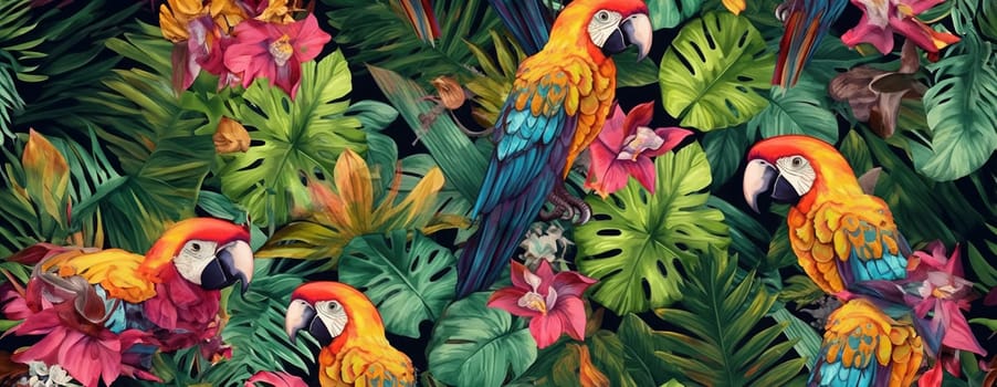 Tropical exotic pattern with animal and flowers in bright colors and lush vegetation. Ai Generative