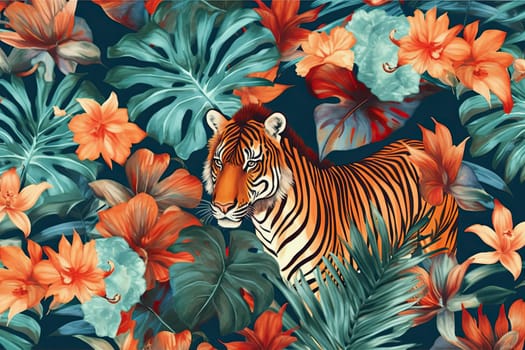 Tropical exotic pattern with animal and flowers in bright colors and lush vegetation. Ai Generative