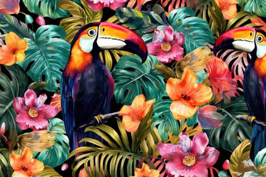 Tropical exotic pattern with animal and flowers in bright colors and lush vegetation. Ai Generative