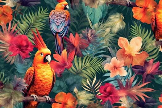 Tropical exotic pattern with animal and flowers in bright colors and lush vegetation. Ai Generative