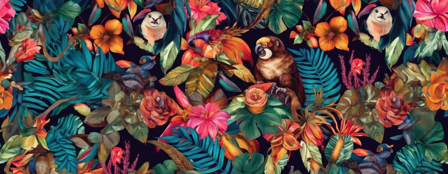 Tropical exotic pattern with animal and flowers in bright colors and lush vegetation. Ai Generative