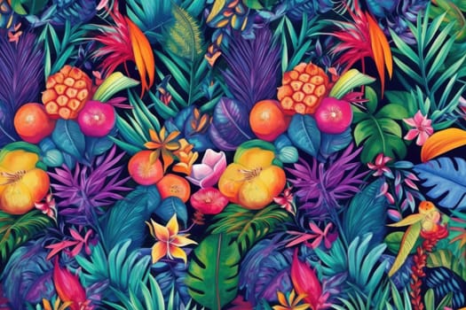 Tropical exotic pattern with animal and flowers in bright colors and lush vegetation. Ai Generative