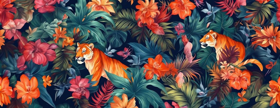 Tropical exotic pattern with animal and flowers in bright colors and lush vegetation. Ai Generative