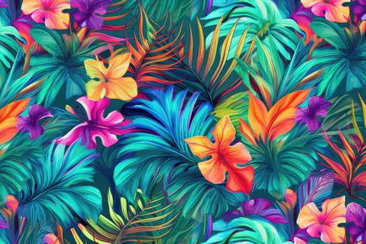 Tropical exotic pattern with animal and flowers in bright colors and lush vegetation. Ai Generative