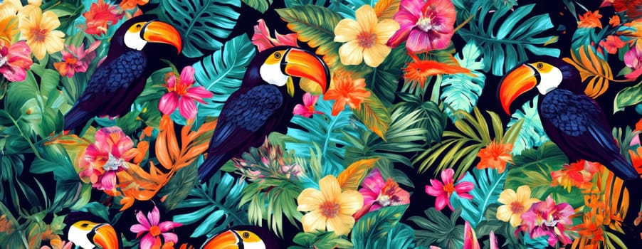 Tropical exotic pattern with animal and flowers in bright colors and lush vegetation. Ai Generative