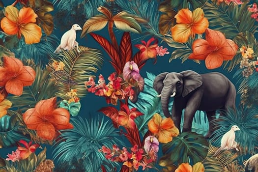 Tropical exotic pattern with animal and flowers in bright colors and lush vegetation. Ai Generative