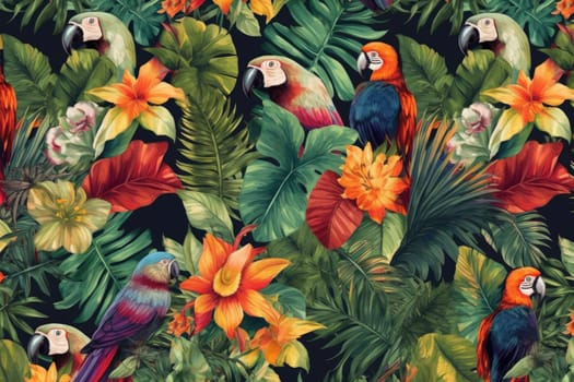 Tropical exotic pattern with animal and flowers in bright colors and lush vegetation. Ai Generative