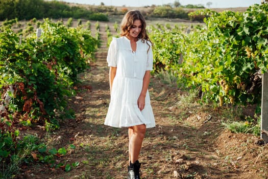 Beautiful woman in white dress collects grapes in the garden