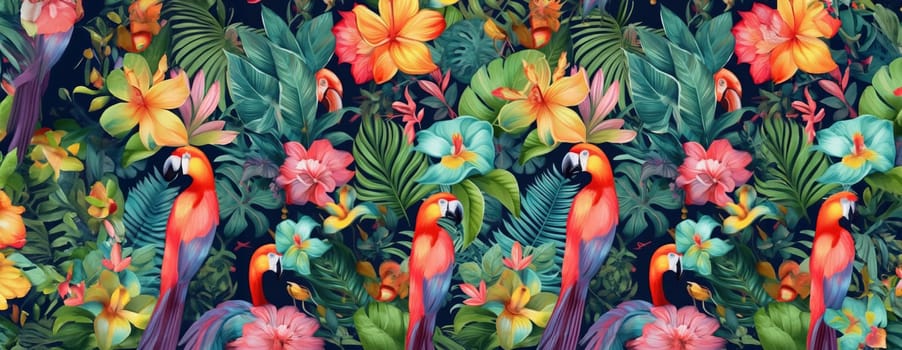 Tropical exotic pattern with animal and flowers in bright colors and lush vegetation. Ai Generative