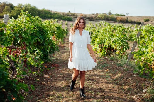 Beautiful woman in white dress collects grapes in the garden