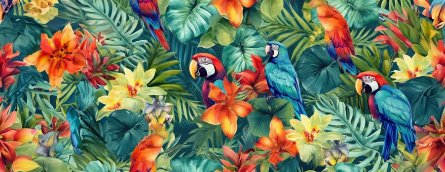 Tropical exotic pattern with animal and flowers in bright colors and lush vegetation. Ai Generative