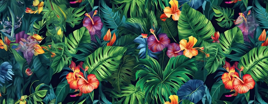 Tropical exotic pattern with animal and flowers in bright colors and lush vegetation. Ai Generative