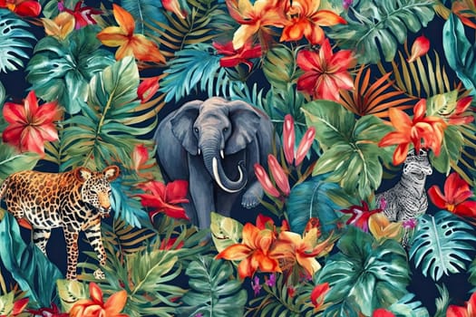 Tropical exotic pattern with animal and flowers in bright colors and lush vegetation. Ai Generative