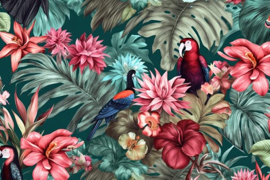 Tropical exotic pattern with animal and flowers in bright colors and lush vegetation. Ai Generative