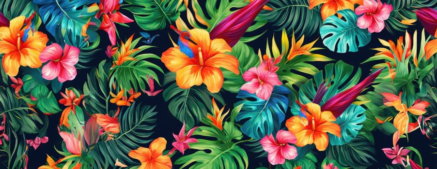 Tropical exotic pattern with animal and flowers in bright colors and lush vegetation. Ai Generative