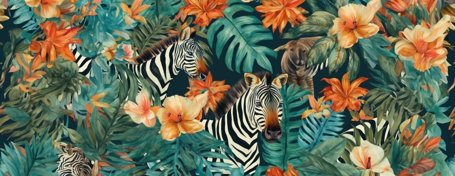 Tropical exotic pattern with animal and flowers in bright colors and lush vegetation. Ai Generative