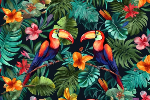 Tropical exotic pattern with animal and flowers in bright colors and lush vegetation. Ai Generative