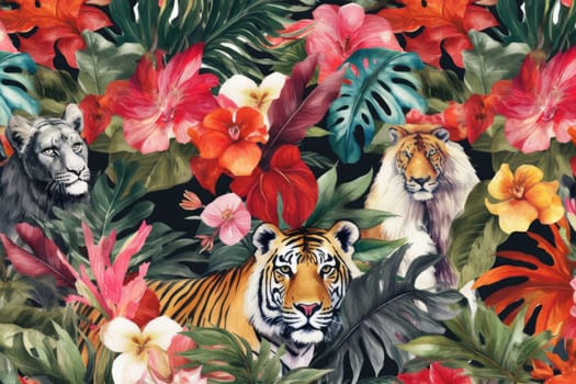 Tropical exotic pattern with animal and flowers in bright colors and lush vegetation. Ai Generative