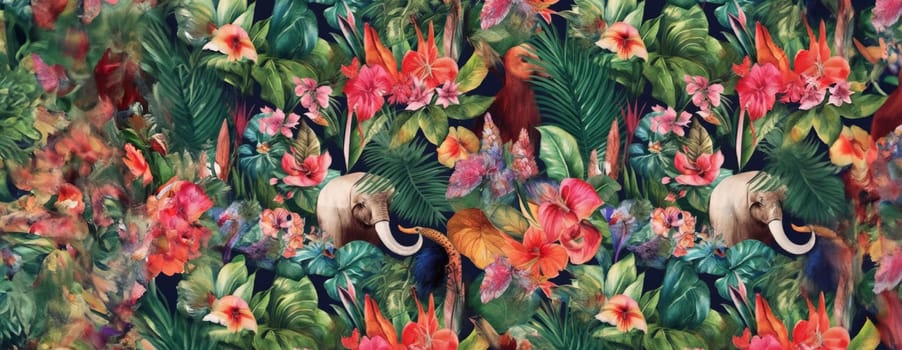 Tropical exotic pattern with animal and flowers in bright colors and lush vegetation. Ai Generative