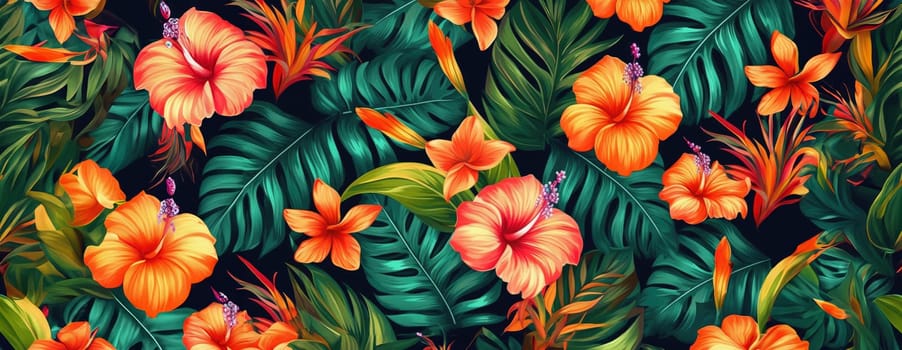 Tropical exotic pattern with animal and flowers in bright colors and lush vegetation. Ai Generative