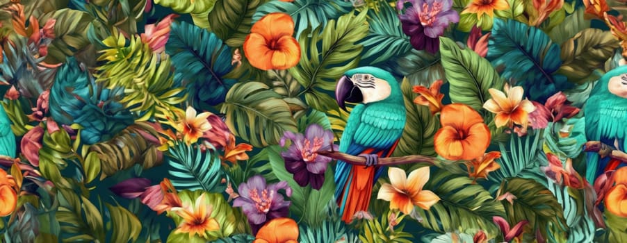 Tropical exotic pattern with animal and flowers in bright colors and lush vegetation. Ai Generative