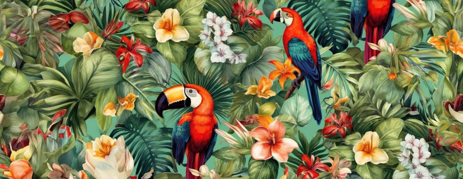 Tropical exotic pattern with animal and flowers in bright colors and lush vegetation. Ai Generative