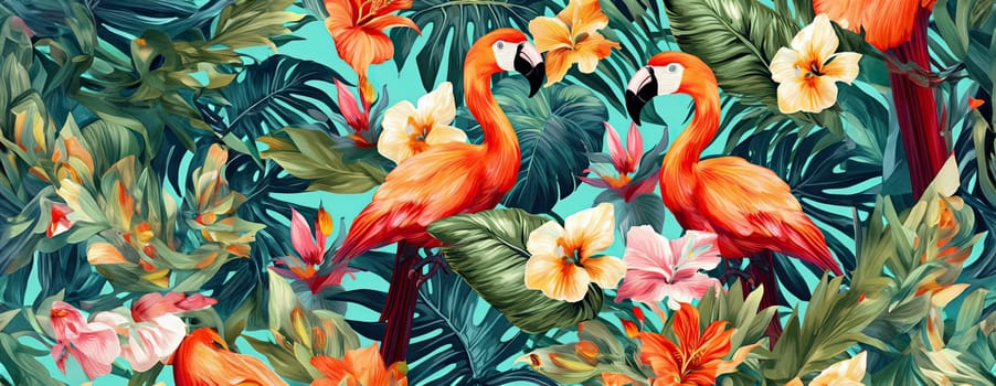 Tropical exotic pattern with animal and flowers in bright colors and lush vegetation. Ai Generative