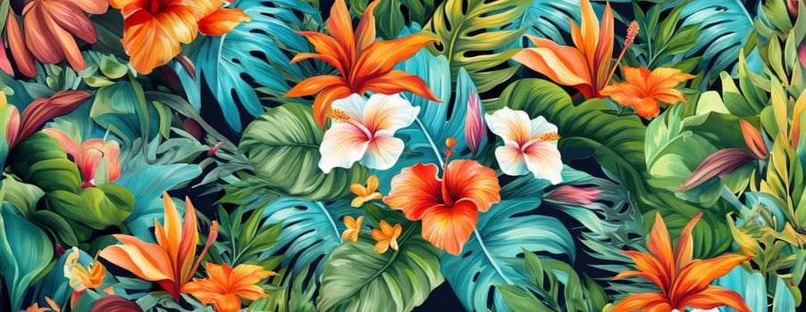 Tropical exotic pattern with animal and flowers in bright colors and lush vegetation. Ai Generative