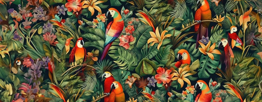 Tropical exotic pattern with animal and flowers in bright colors and lush vegetation. Ai Generative