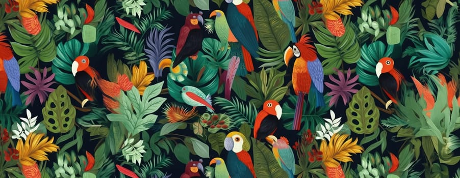 Tropical exotic pattern with animal and flowers in bright colors and lush vegetation. Ai Generative