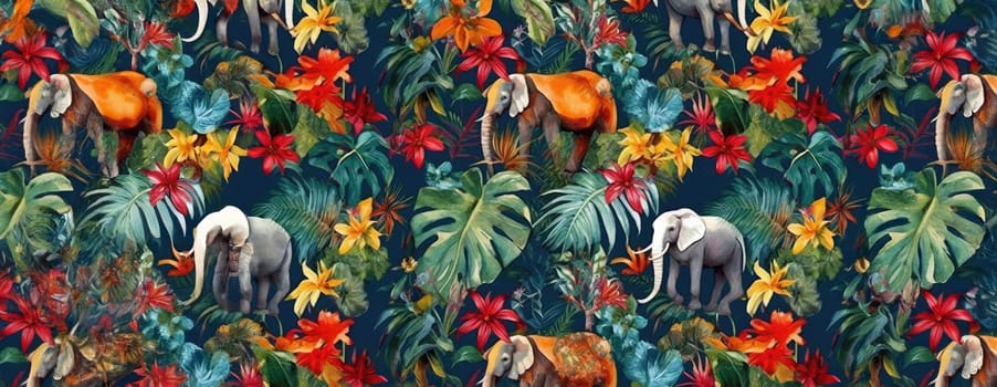 Tropical exotic pattern with animal and flowers in bright colors and lush vegetation. Ai Generative