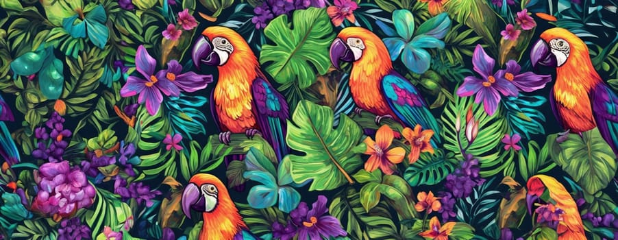 Tropical exotic pattern with animal and flowers in bright colors and lush vegetation. Ai Generative