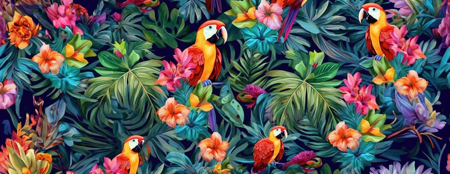 Tropical exotic pattern with animal and flowers in bright colors and lush vegetation. Ai Generative