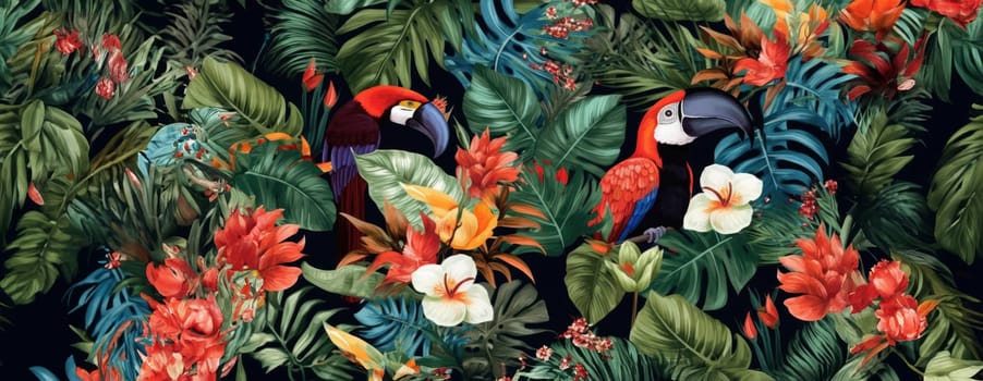 Tropical exotic pattern with animal and flowers in bright colors and lush vegetation. Ai Generative