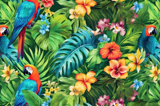 Tropical exotic pattern with animal and flowers in bright colors and lush vegetation. Ai Generative