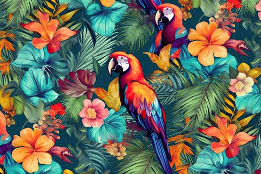 Tropical exotic pattern with animal and flowers in bright colors and lush vegetation. Ai Generative