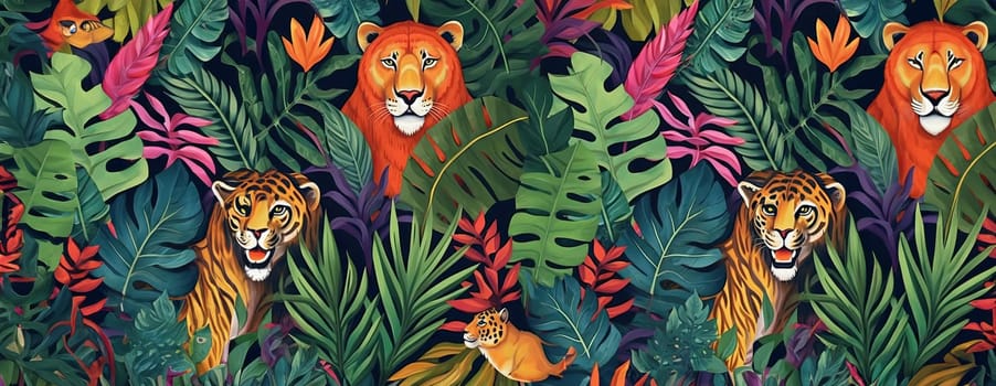 Tropical exotic pattern with animal and flowers in bright colors and lush vegetation. Ai Generative