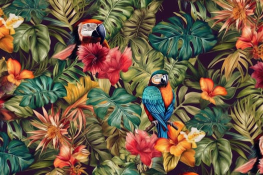 Tropical exotic pattern with animal and flowers in bright colors and lush vegetation. Ai Generative