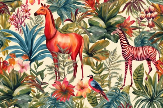 Tropical exotic pattern with animal and flowers in bright colors and lush vegetation. Ai Generative